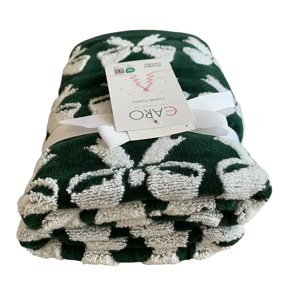 Caro Home CHRISTMAS BOW Hand Towels Set of 2 Green & White Holiday Decor